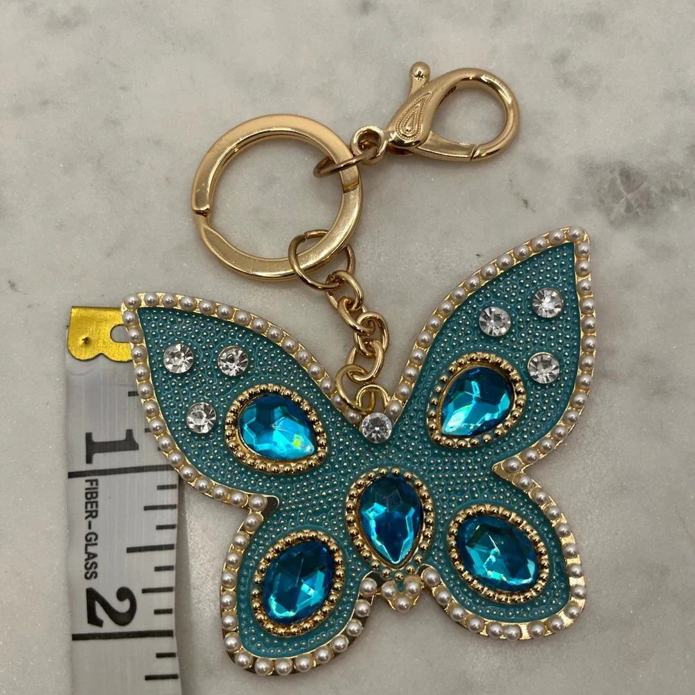 Teal‎ Butterfly Keychain Bag Charm Statement Blue Gold Rhinestone New Accessory